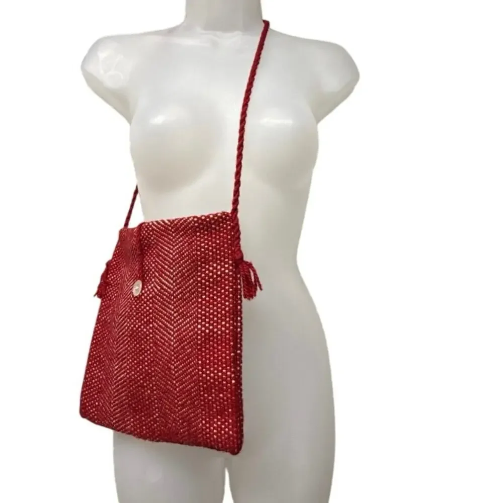Hand Woven Knit Red Crochet Shoulder Crossbody Bag Lined Button Flap Handmade